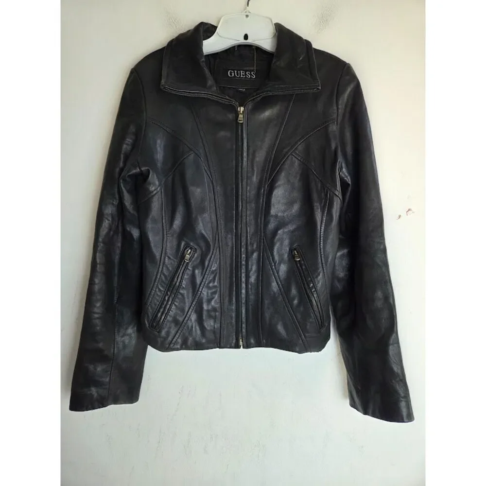 Guess Women Geniune 100% Leather Full Zip Lined Moto Pockets Jacket size Medium